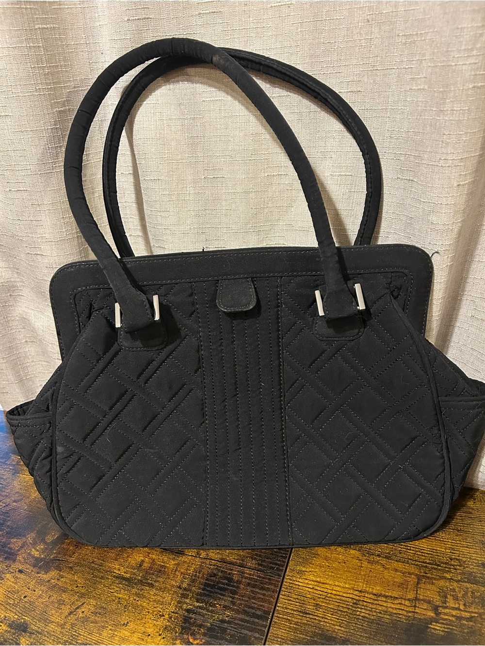 Vera Bradley Black Microfiber Frill Satchel Citron Lining